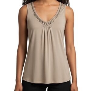 WHITE HOUSE BLACK MARKET Light Khaki Adorned Neckline Flowey Top EUC XS